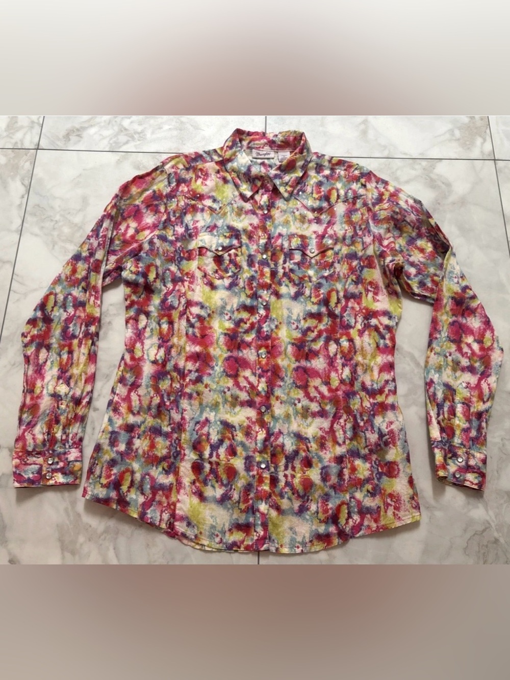 Wrangler Shirt Womens XL Pearl Snap Rhinestone Tie Dye Bling Western Long Sleeve